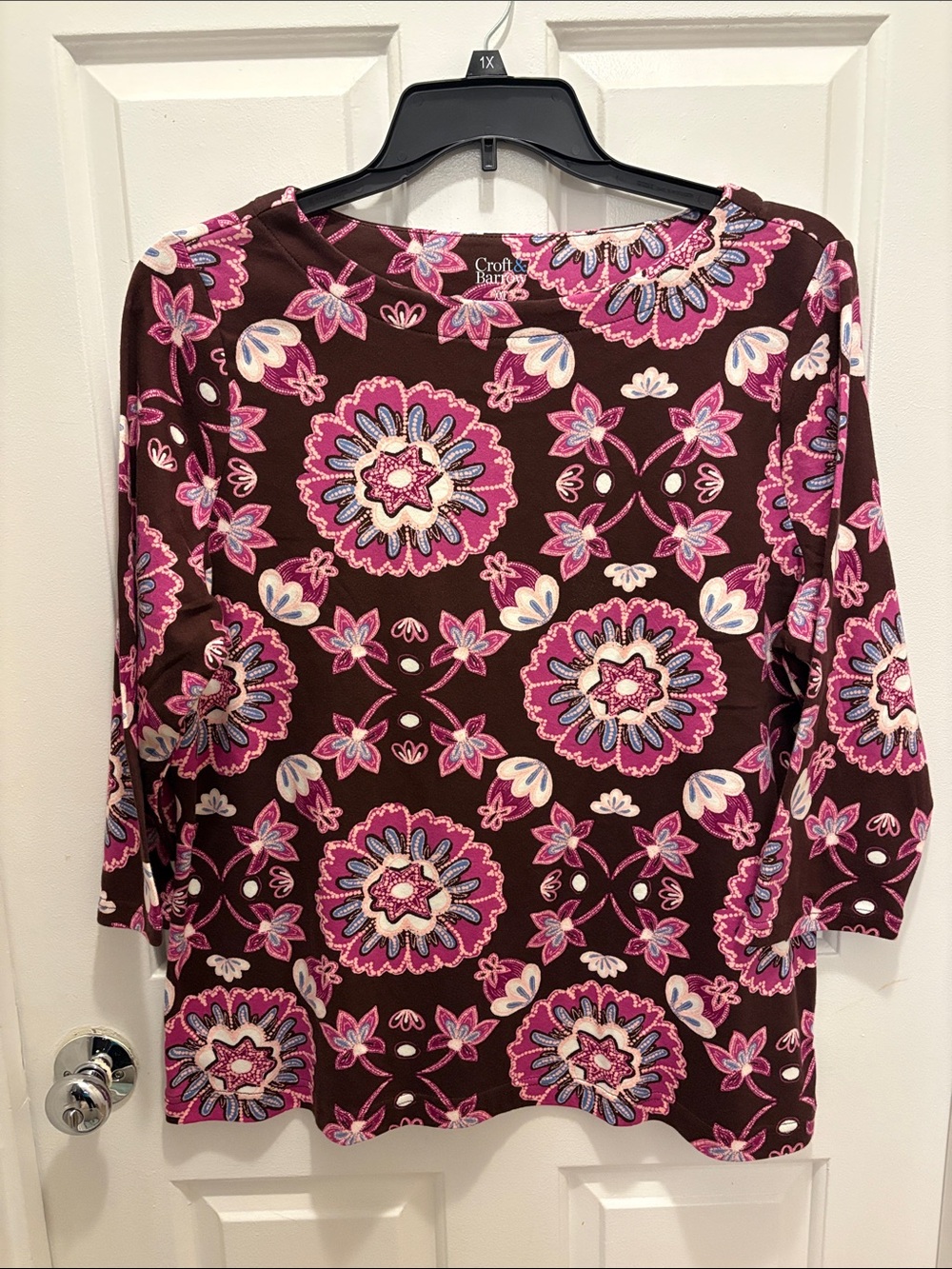 Croft & Barrow Brown Long-Sleeve Floral Medallion Tee with Pink & White Accents